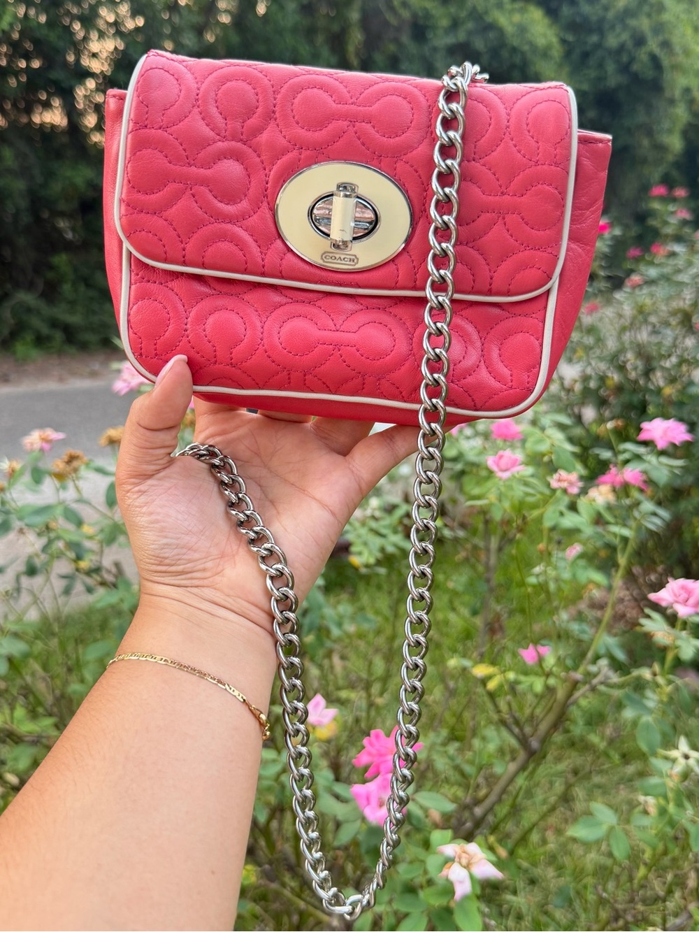 Coach Quilted Pink Leather Turnlock Crossbody Bag